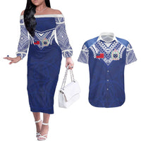 Custom Samoa Rugby Couples Matching Off The Shoulder Long Sleeve Dress and Hawaiian Shirt Pacific Motifs LT03 Blue - Polynesian Pride