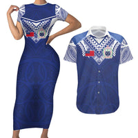Custom Samoa Rugby Couples Matching Short Sleeve Bodycon Dress and Hawaiian Shirt Pacific Motifs LT03 Blue - Polynesian Pride