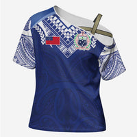 Custom Samoa Rugby Cross Shoulder Shirt Pacific Motifs LT03 Female Blue - Polynesian Pride