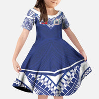 Custom Samoa Rugby Family Matching Off The Shoulder Long Sleeve Dress and Hawaiian Shirt Pacific Motifs LT03 Daughter's Dress Blue - Polynesian Pride