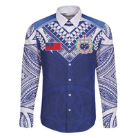 Custom Samoa Rugby Family Matching Off The Shoulder Long Sleeve Dress and Hawaiian Shirt Pacific Motifs LT03 Dad's Shirt - Long Sleeve Blue - Polynesian Pride
