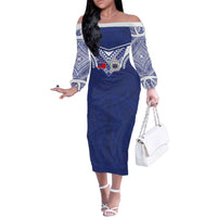 Custom Samoa Rugby Family Matching Off The Shoulder Long Sleeve Dress and Hawaiian Shirt Pacific Motifs LT03 Mom's Dress Blue - Polynesian Pride