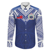 Custom Samoa Rugby Family Matching Off Shoulder Short Dress and Hawaiian Shirt Pacific Motifs LT03 Dad's Shirt - Long Sleeve Blue - Polynesian Pride