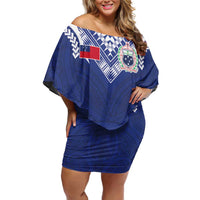 Custom Samoa Rugby Off Shoulder Short Dress Pacific Motifs LT03 Women Blue - Polynesian Pride