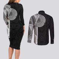 Samoan Tatau Couples Matching Long Sleeve Bodycon Dress and Long Sleeve Button Shirt Art Tribal Traditional Tattoos - Polynesian Pride