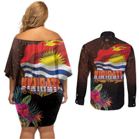 Kiribati Flag and Fireworks Couples Matching Off Shoulder Short Dress and Long Sleeve Button Shirt First Place Welcome the New Year - Polynesian Pride