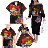 Kiribati Flag and Fireworks Family Matching Off The Shoulder Long Sleeve Dress and Hawaiian Shirt First Place Welcome the New Year - Polynesian Pride