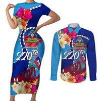 Personalised Haiti 220th Anniversary Independence Day Couples Matching Short Sleeve Bodycon Dress and Long Sleeve Button Shirt Ayiti Flower with Polynesian Pattern LT03 Blue - Polynesian Pride