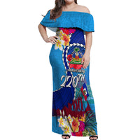 Personalised Haiti 220th Anniversary Independence Day Off Shoulder Maxi Dress Ayiti Flower with Polynesian Pattern LT03 Women Blue - Polynesian Pride