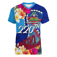 Personalised Haiti 220th Anniversary Independence Day Women V Neck T Shirt Ayiti Flower with Polynesian Pattern LT03 Female Blue - Polynesian Pride