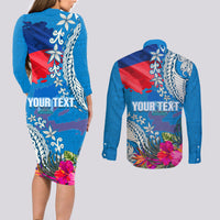 Personalised Haiti Coat Of Arms Couples Matching Long Sleeve Bodycon Dress and Long Sleeve Button Shirt Repiblik d Ayiti Tropical Flower Blue Polynesian Pattern LT03 - Polynesian Pride