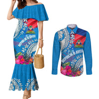 Personalised Haiti Coat Of Arms Couples Matching Mermaid Dress and Long Sleeve Button Shirt Repiblik d Ayiti Tropical Flower Blue Polynesian Pattern LT03 Blue - Polynesian Pride