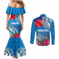 Personalised Haiti Coat Of Arms Couples Matching Mermaid Dress and Long Sleeve Button Shirt Repiblik d Ayiti Tropical Flower Blue Polynesian Pattern LT03 - Polynesian Pride