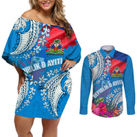 Personalised Haiti Coat Of Arms Couples Matching Off Shoulder Short Dress and Long Sleeve Button Shirt Repiblik d Ayiti Tropical Flower Blue Polynesian Pattern LT03 Blue - Polynesian Pride