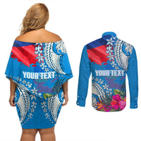 Personalised Haiti Coat Of Arms Couples Matching Off Shoulder Short Dress and Long Sleeve Button Shirt Repiblik d Ayiti Tropical Flower Blue Polynesian Pattern LT03 - Polynesian Pride