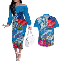 Personalised Haiti Coat Of Arms Couples Matching Off The Shoulder Long Sleeve Dress and Hawaiian Shirt Repiblik d Ayiti Tropical Flower Blue Polynesian Pattern LT03 Blue - Polynesian Pride