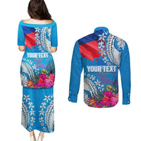 Personalised Haiti Coat Of Arms Couples Matching Puletasi Dress and Long Sleeve Button Shirt Repiblik d Ayiti Tropical Flower Blue Polynesian Pattern LT03 - Polynesian Pride