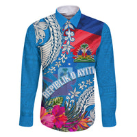 Personalised Haiti Coat Of Arms Family Matching Long Sleeve Bodycon Dress and Hawaiian Shirt Repiblik d Ayiti Tropical Flower Blue Polynesian Pattern LT03 Dad's Shirt - Long Sleeve Blue - Polynesian Pride