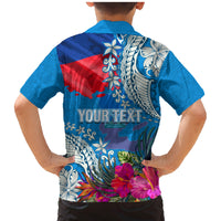 Personalised Haiti Coat Of Arms Family Matching Mermaid Dress and Hawaiian Shirt Repiblik d Ayiti Tropical Flower Blue Polynesian Pattern LT03 - Polynesian Pride