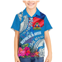 Personalised Haiti Coat Of Arms Family Matching Mermaid Dress and Hawaiian Shirt Repiblik d Ayiti Tropical Flower Blue Polynesian Pattern LT03 Son's Shirt Blue - Polynesian Pride