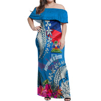 Personalised Haiti Coat Of Arms Off Shoulder Maxi Dress Repiblik d Ayiti Tropical Flower Blue Polynesian Pattern LT03 Women Blue - Polynesian Pride