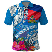 Personalised Haiti Coat Of Arms Polo Shirt Repiblik d Ayiti Tropical Flower Blue Polynesian Pattern LT03 Blue - Polynesian Pride