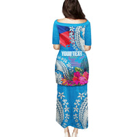 Personalised Haiti Coat Of Arms Puletasi Repiblik d Ayiti Tropical Flower Blue Polynesian Pattern LT03 - Polynesian Pride