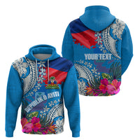 Personalised Haiti Coat Of Arms Zip Hoodie Repiblik d Ayiti Tropical Flower Blue Polynesian Pattern LT03 - Polynesian Pride