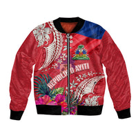 Personalised Haiti Coat Of Arms Bomber Jacket Repiblik d Ayiti Tropical Flower Red Polynesian Pattern LT03 Unisex Red - Polynesian Pride