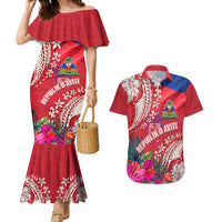 Personalised Haiti Coat Of Arms Couples Matching Mermaid Dress and Hawaiian Shirt Repiblik d Ayiti Tropical Flower Red Polynesian Pattern LT03 Red - Polynesian Pride