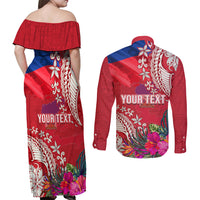 Personalised Haiti Coat Of Arms Couples Matching Off Shoulder Maxi Dress and Long Sleeve Button Shirt Repiblik d Ayiti Tropical Flower Red Polynesian Pattern LT03 - Polynesian Pride