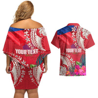 Personalised Haiti Coat Of Arms Couples Matching Off Shoulder Short Dress and Hawaiian Shirt Repiblik d Ayiti Tropical Flower Red Polynesian Pattern LT03 - Polynesian Pride