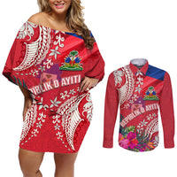 Personalised Haiti Coat Of Arms Couples Matching Off Shoulder Short Dress and Long Sleeve Button Shirt Repiblik d Ayiti Tropical Flower Red Polynesian Pattern LT03 Red - Polynesian Pride