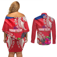 Personalised Haiti Coat Of Arms Couples Matching Off Shoulder Short Dress and Long Sleeve Button Shirt Repiblik d Ayiti Tropical Flower Red Polynesian Pattern LT03 - Polynesian Pride