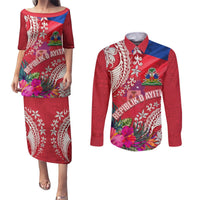 Personalised Haiti Coat Of Arms Couples Matching Puletasi Dress and Long Sleeve Button Shirt Repiblik d Ayiti Tropical Flower Red Polynesian Pattern LT03 Red - Polynesian Pride