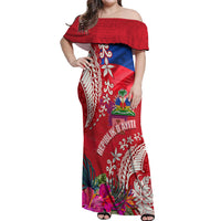 Personalised Haiti Coat Of Arms Off Shoulder Maxi Dress Repiblik d Ayiti Tropical Flower Red Polynesian Pattern LT03 Women Red - Polynesian Pride