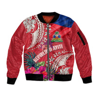Personalised Haiti Coat Of Arms Sleeve Zip Bomber Jacket Repiblik d Ayiti Tropical Flower Red Polynesian Pattern LT03 Unisex Red - Polynesian Pride