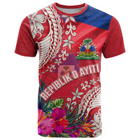 Personalised Haiti Coat Of Arms T Shirt Repiblik d Ayiti Tropical Flower Red Polynesian Pattern LT03 Red - Polynesian Pride