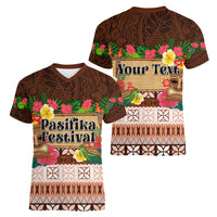 Pasifika Festival Auckland Women V Neck T Shirt Polynesian Tribal with Pacific Pattern Brown Color LT03 - Polynesian Pride