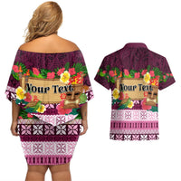 Pasifika Festival Auckland Couples Matching Off Shoulder Short Dress and Hawaiian Shirt Polynesian Tribal with Pacific Pattern Pink Color LT03 - Polynesian Pride