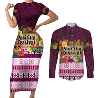 Pasifika Festival Auckland Couples Matching Short Sleeve Bodycon Dress and Long Sleeve Button Shirt Polynesian Tribal with Pacific Pattern Pink Color LT03 Pink - Polynesian Pride