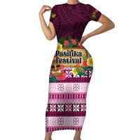 Pasifika Festival Auckland Short Sleeve Bodycon Dress Polynesian Tribal with Pacific Pattern Pink Color LT03 Long Dress Pink - Polynesian Pride