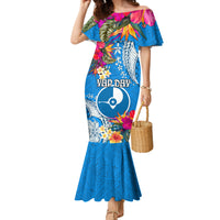 Yap Day Family Matching Mermaid Dress and Hawaiian Shirt Tapa Pattern with Hisbiscus LT03 Mom's Dress Blue - Polynesian Pride