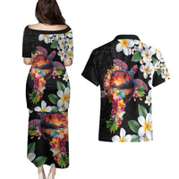 Hawaiian Lei Day Couples Matching Puletasi and Hawaiian Shirt Plumeria and Turtle with Polynesian Tribal Pattern