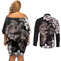 Hawaiian Lei Day Couples Matching Off Shoulder Short Dress and Long Sleeve Button Shirt Plumeria and Turtle with Polynesian Tribal Pattern Grayscale Color