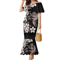 Hawaiian Lei Day Family Matching Mermaid Dress and Hawaiian Shirt Plumeria and Turtle with Polynesian Tribal Pattern Grayscale Color