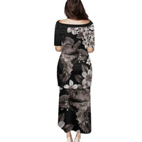 Hawaiian Lei Day Family Matching Puletasi and Hawaiian Shirt Plumeria and Turtle with Polynesian Tribal Pattern Grayscale Color