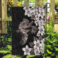 Hawaiian Lei Day Garden Flag Plumeria and Turtle with Polynesian Tribal Pattern Grayscale Color