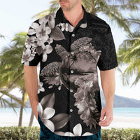 Hawaiian Lei Day Hawaiian Shirt Plumeria and Turtle with Polynesian Tribal Pattern Grayscale Color