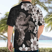 Hawaiian Lei Day Hawaiian Shirt Plumeria and Turtle with Polynesian Tribal Pattern Grayscale Color